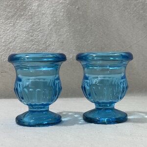 Vintage Bright Blue Glass Footed Candlestick Holders Pedestal Base Set‎ of 2